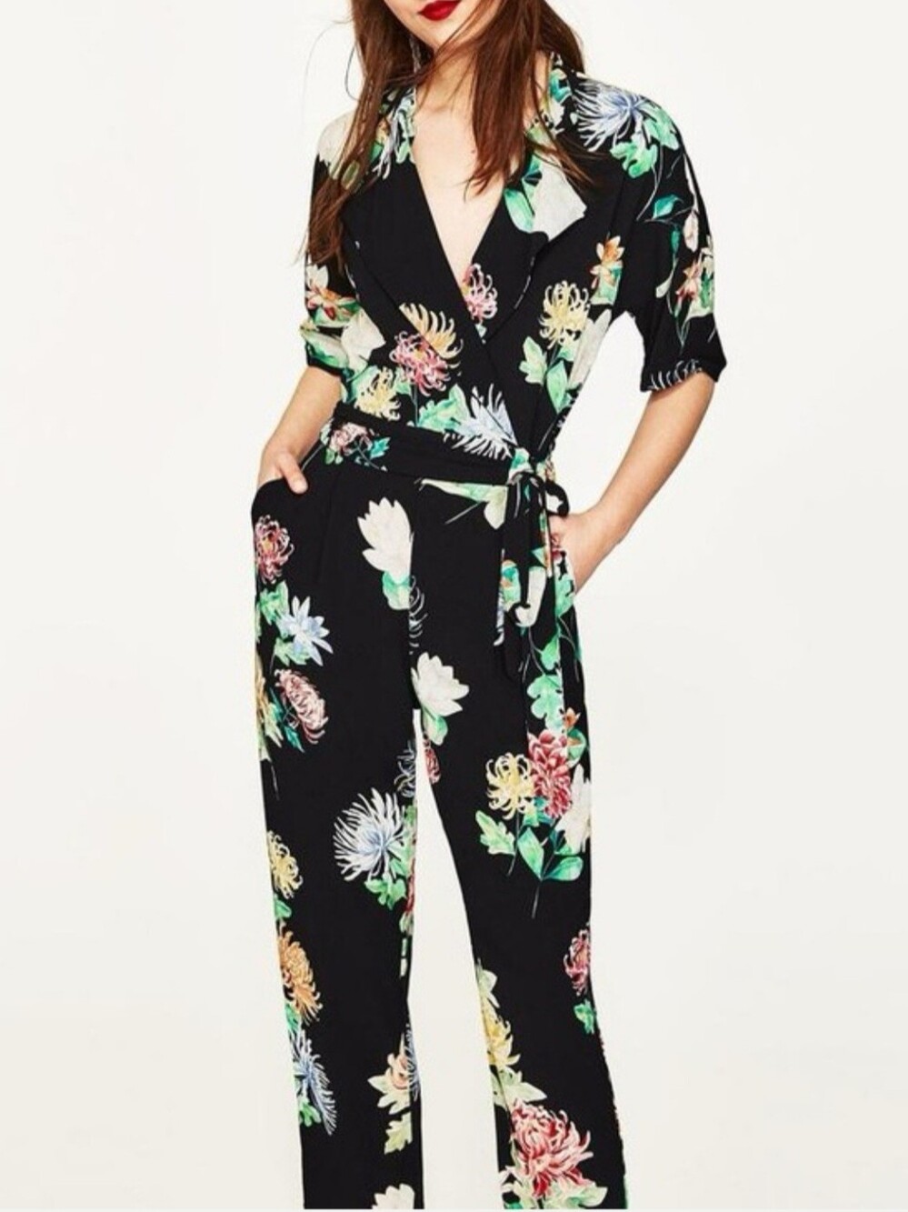 ZARA Black Floral Wrap Jumpsuit Belted XS
